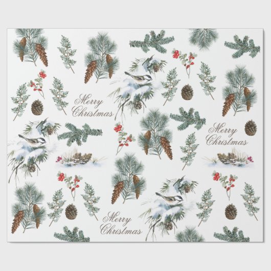 Chickadee Bird Evergreen Pinecone Frohe Weihnachte Geschenkpapier (Flach)