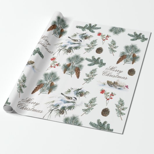 Chickadee Bird Evergreen Pinecone Frohe Weihnachte Geschenkpapier (Ungerollt)