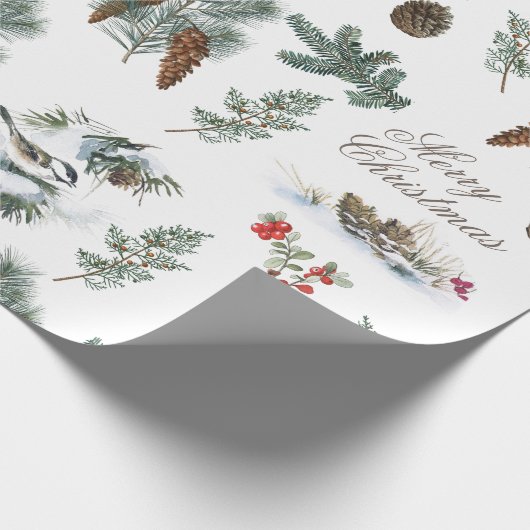 Chickadee Bird Evergreen Pinecone Frohe Weihnachte Geschenkpapier (Ecke)