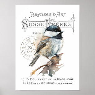 Chickadee Bird Französisch Typografie Vintag Print Poster