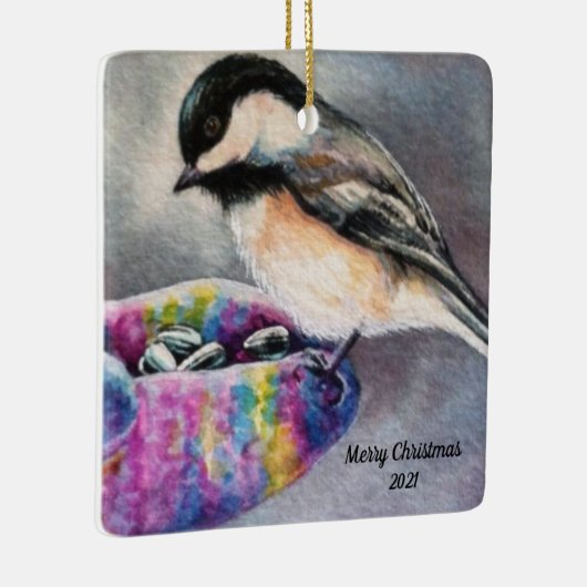 Chickadee Bird frisst von Hand Keramikornament (Rechts)