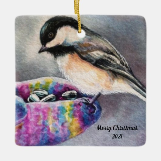 Chickadee Bird frisst von Hand Keramikornament (Vorderseite)