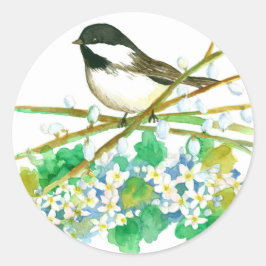 Chickadee Bird May Blume Catkins Willow Branches Runder Aufkleber