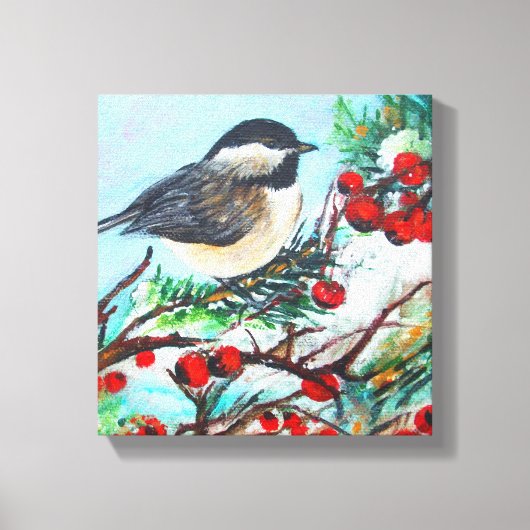 Chickadee Bird mit Berries am Zweig Leinwanddruck (Vorderseite)
