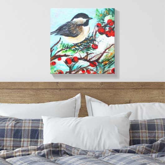 Chickadee Bird mit Berries am Zweig Leinwanddruck (Insitu (Schlafzimmer))