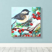 Chickadee Bird mit Berries am Zweig Leinwanddruck (Insitu (Holzboden))