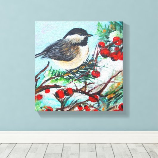 Chickadee Bird mit Berries am Zweig Leinwanddruck (Insitu (Holzboden))