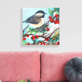 Chickadee Bird mit Berries am Zweig Leinwanddruck (Insitu (Wohnzimmer))