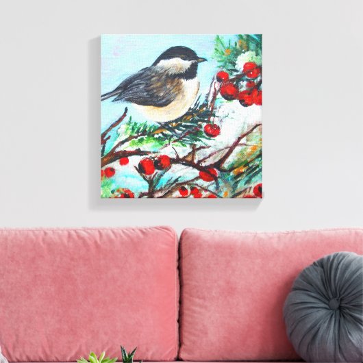 Chickadee Bird mit Berries am Zweig Leinwanddruck (Insitu (Wohnzimmer))