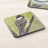 Chickadee Bird mit schwarzer Kappe - Acrylmalerei. Getränkeuntersetzer (Linke Seite)