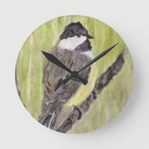 Chickadee Bird mit schwarzer Kappe - Acrylmalerei. Runde Wanduhr