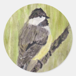Chickadee Bird mit schwarzer Kappe - Acrylmalerei. Runder Aufkleber