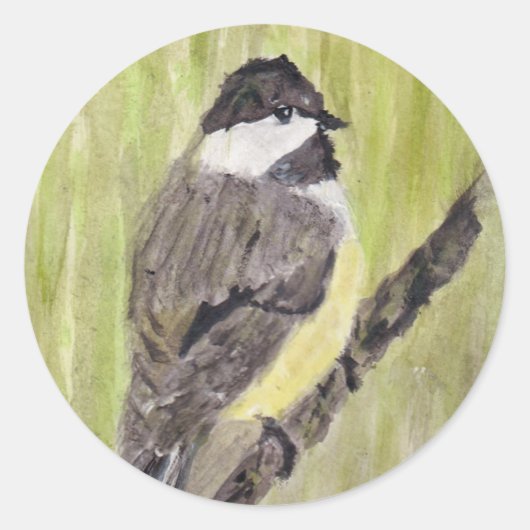 Chickadee Bird mit schwarzer Kappe - Acrylmalerei. Runder Aufkleber (Vorderseite)