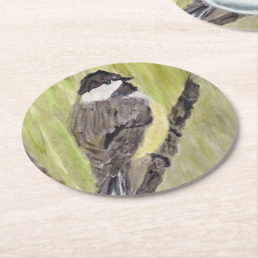 Chickadee Bird mit schwarzer Kappe - Acrylmalerei. Runder Pappuntersetzer (Angewinkelt)