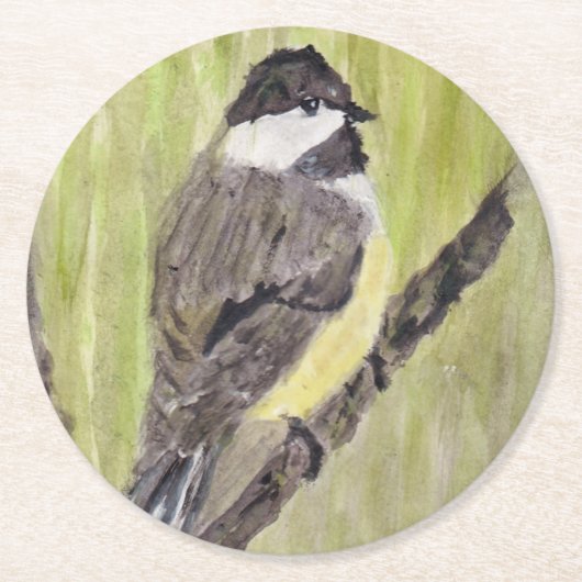 Chickadee Bird mit schwarzer Kappe - Acrylmalerei. Runder Pappuntersetzer (Vorderseite)