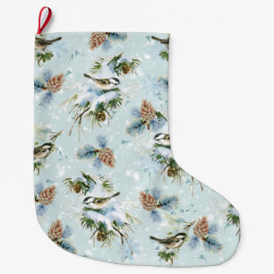 Chickadee Bird Pinecone Schnee Winterwein Aquamari Großer Weihnachtsstrumpf