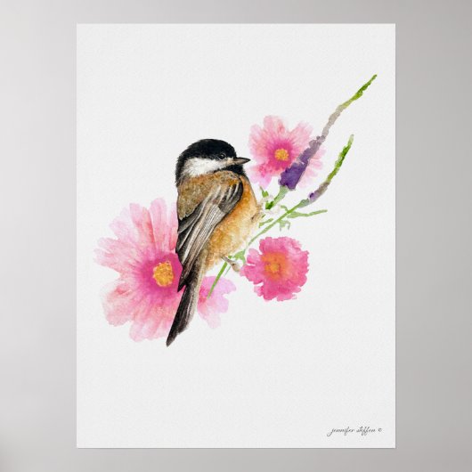 Chickadee Bird Pink Blume Poster (Vorne)