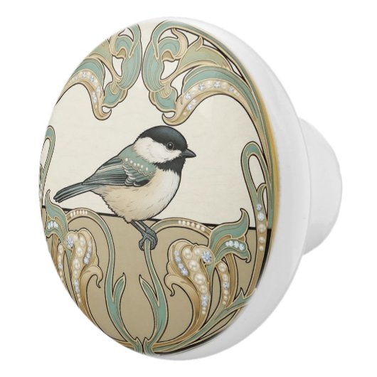 Chickadee Bird Sage Green & Gold Art Deco Nouveau Keramikknauf (Rechts)