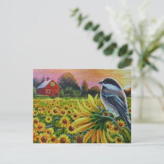 Chickadee Bird Sunflowers Roter Barcode Kunst, Dic Postkarte (Stehend Vorderseite)