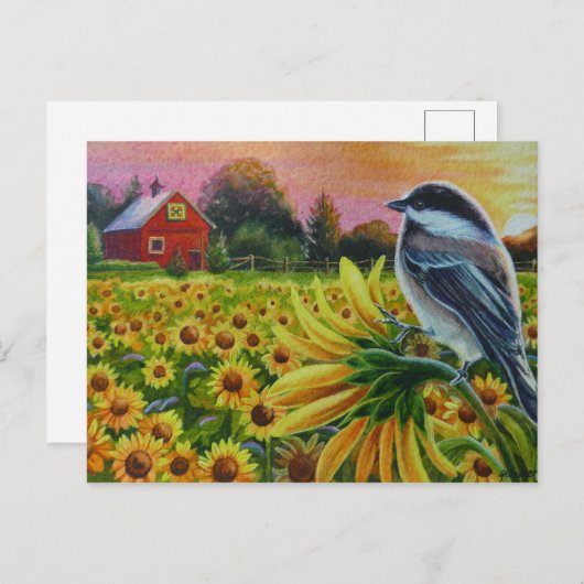 Chickadee Bird Sunflowers Roter Barcode Kunst, Dic Postkarte (Vorne/Hinten)