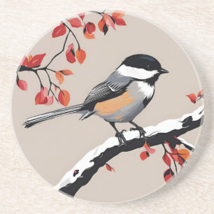 Chickadee Bird Tree Art Orange Blätter Getränkeuntersetzer