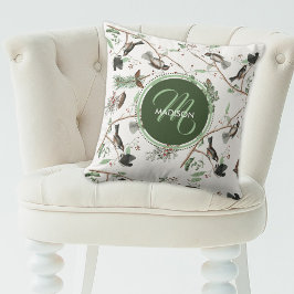 Chickadee Birds Berries & Pinecones Monogrammed Kissen