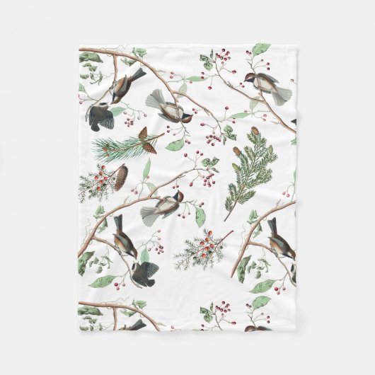 Chickadee Birds Berries & Pinecones Watercolor Fleecedecke (Vorderseite)