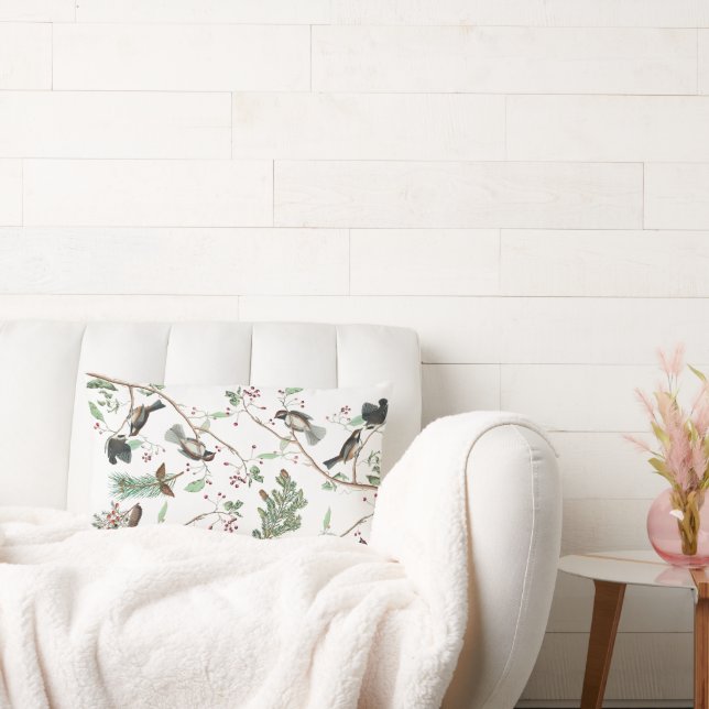 Chickadee Birds Berries & Pinecones Watercolor  Lendenkissen (Liege)