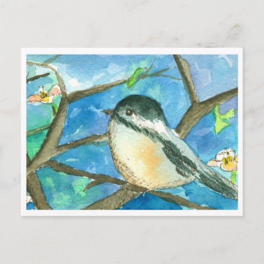 Chickadee Birds Rosa Blume Aquarellmalerei Postkarte (Vorderseite)