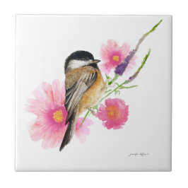 Chickadee Black Capped Blume Kunst, Dichtung und M Fliese