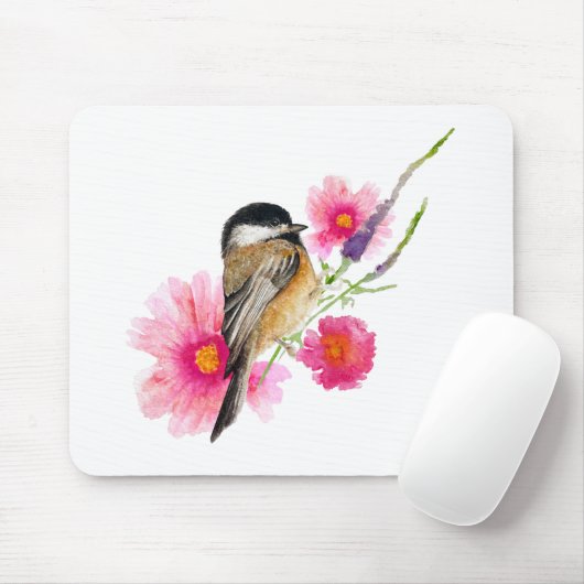 Chickadee Black Capped Wasserfarbe Blume Mousepad (Mit Mouse)