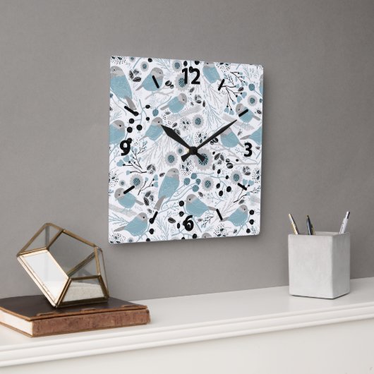 Chickadee Blue Gray Pattern Quadratische Wanduhr (Büro)