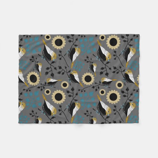 Chickadee Blume Berries Aquamarin Fleecedecke (Vorderseite (Horizontal))