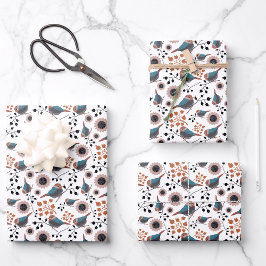 Chickadee Blumenmuster Mauve Blue Rust Geschenkpapier Set