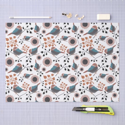 Chickadee Blumenmuster Mauve Blue Rust Seidenpapier (Handwerk)