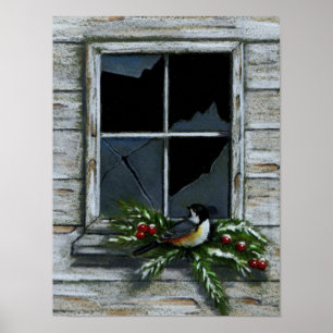 CHICKADEE: CHRISTMAS: ALTES FENSTER POSTER