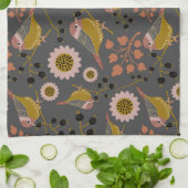 Chickadee Gold Pink Black Berries Blume Muster Geschirrtuch (Gefaltet)