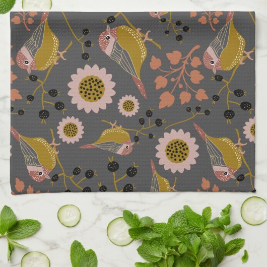 Chickadee Gold Pink Black Berries Blume Muster Geschirrtuch (Gefaltet)