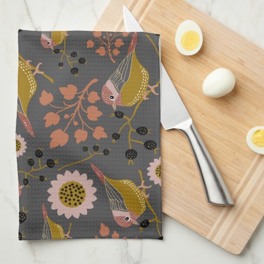 Chickadee Gold Pink Black Berries Blume Muster Geschirrtuch (Viertel Falte)