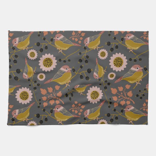 Chickadee Gold Pink Black Berries Blume Muster Geschirrtuch (Horizontal)