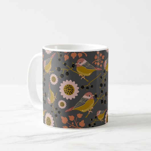 Chickadee Gold Pink Black Berries Blume Muster Kaffeetasse (Vorderseite Links)