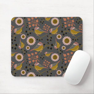 Chickadee Gold Pink Black Berries Blume Muster Mousepad