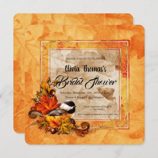 Chickadee & Golden Autumn Leaves Brautparty Einladung (Vorne/Hinten)