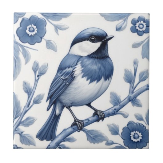 Chickadee Great Tit Bird Delft Blue und White Fliese (Vorderseite)