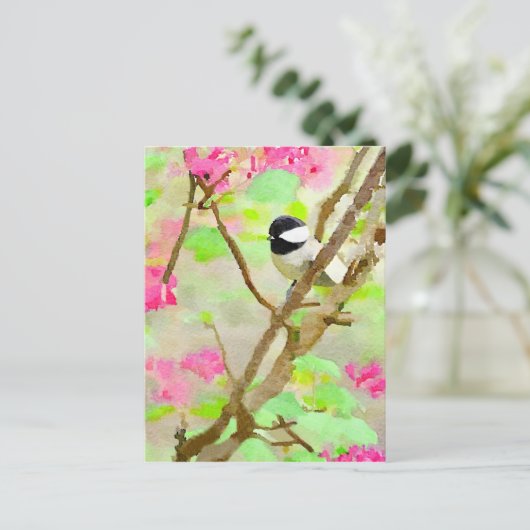 Chickadee in Cherry Tree Postkarte (Stehend Vorderseite)