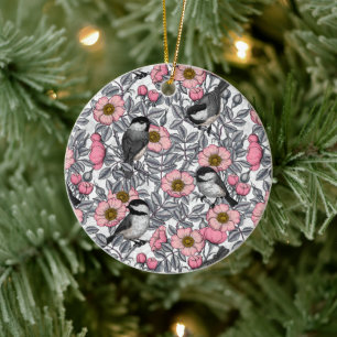 Chickadee in der Keramik der wilden Rose Keramik Ornament