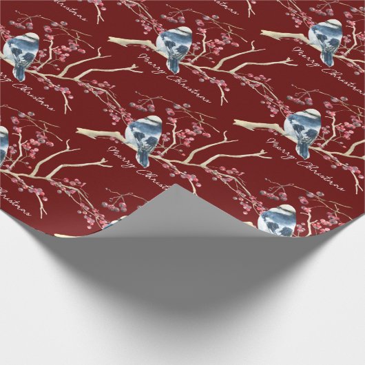 Chickadee in Weihnachtsberries Geschenkpapier (Ecke)