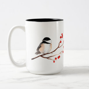 Chickadee mit roten Beeren - Single-Niederlassung Zweifarbige Tasse