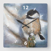Chickadee Niedliche Wintermalerei Quadratische Wanduhr (Vorderseite)