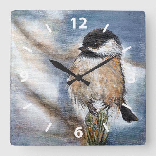 Chickadee Niedliche Wintermalerei Quadratische Wanduhr (Vorderseite)
